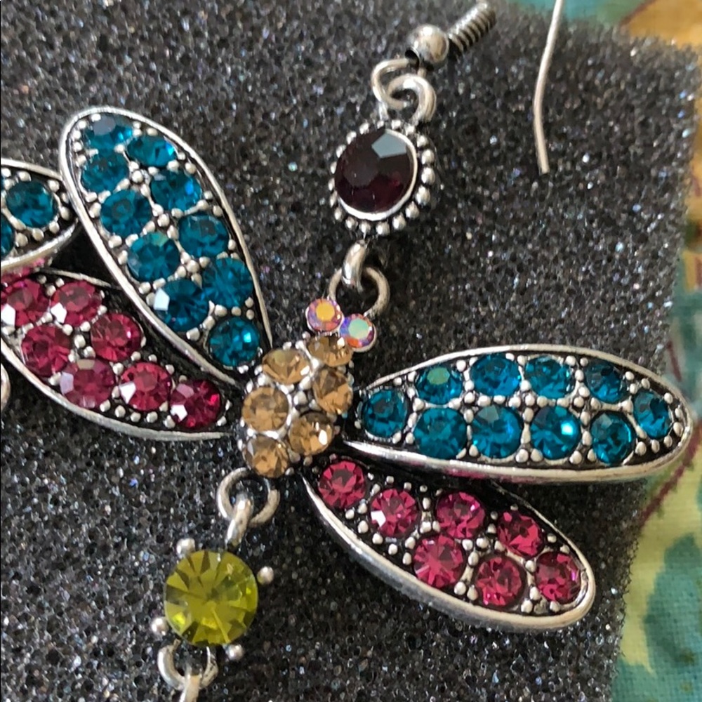 Dragon Fly Crystal Rhinestone Dangle Earrings - Picture 4 of 6